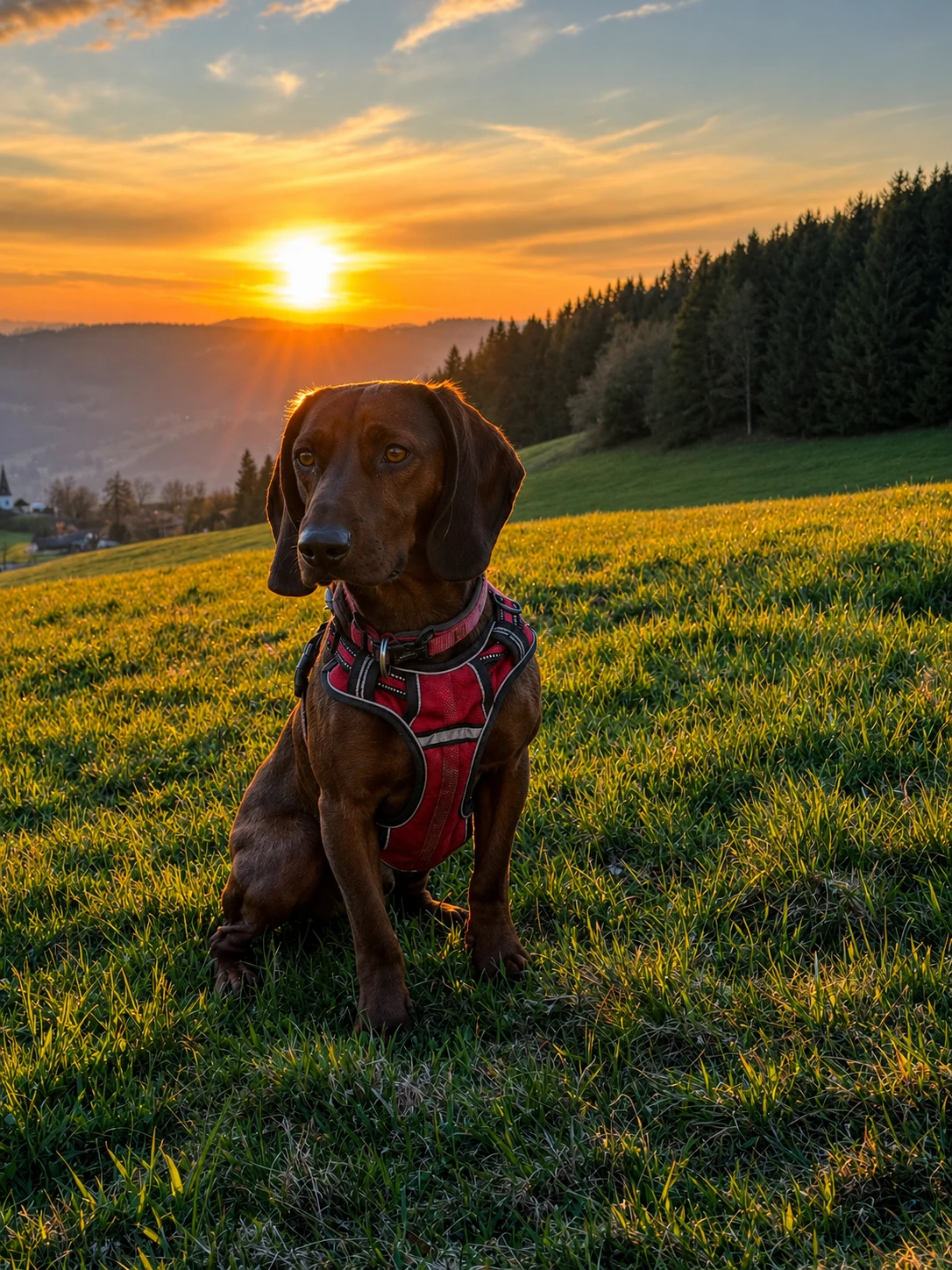 Hannoverscher Schweißhund bei Sonnenuntergang über den Allgäuer Alpen