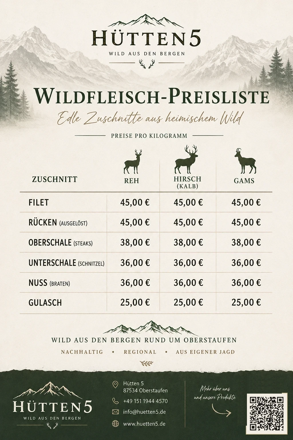Wildfleisch-Preisliste Wild aus Hütten – Reh, Hirsch, Gams – aktuelle Preise pro Kilogramm