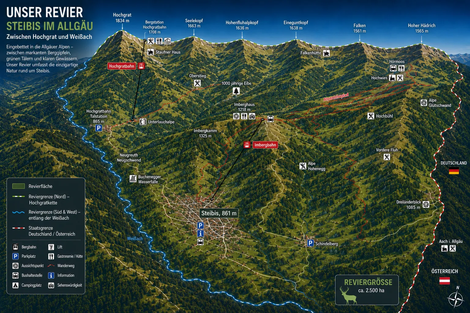 Panoramakarte des Jagdreviers Wild aus Hütten – Steibis im Allgäu, zwischen den Nagelfluhketten und der Weißach